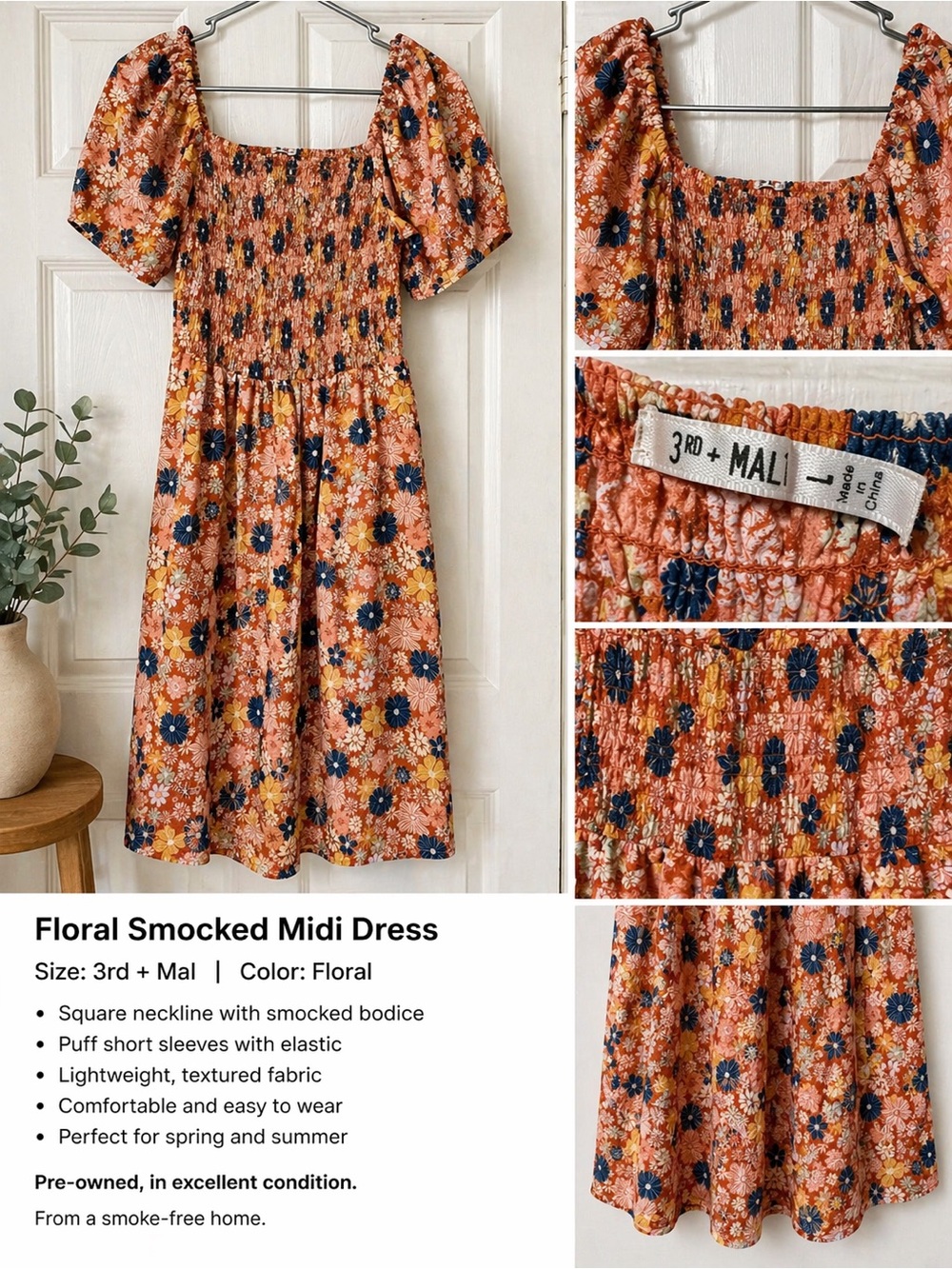 Orange Floral Smocked Mini Dress